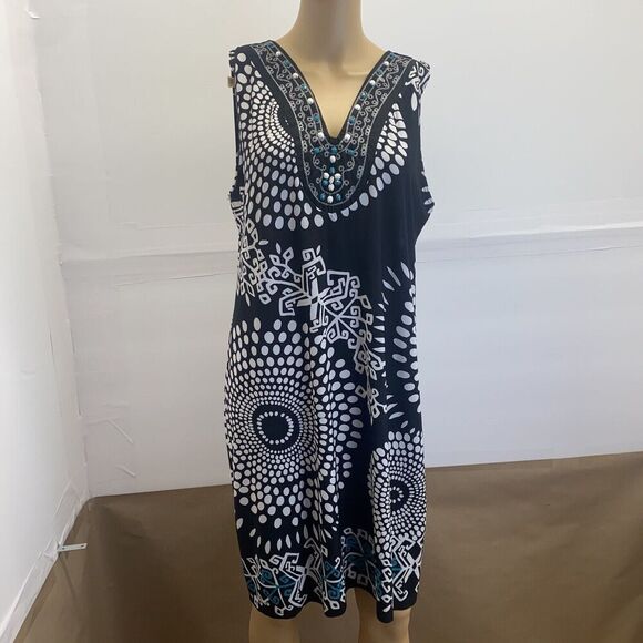 TATIANA B Women’s Size L Black White Embroidered Beaded Sleeveless Retro Dress - Picture 2 of 13